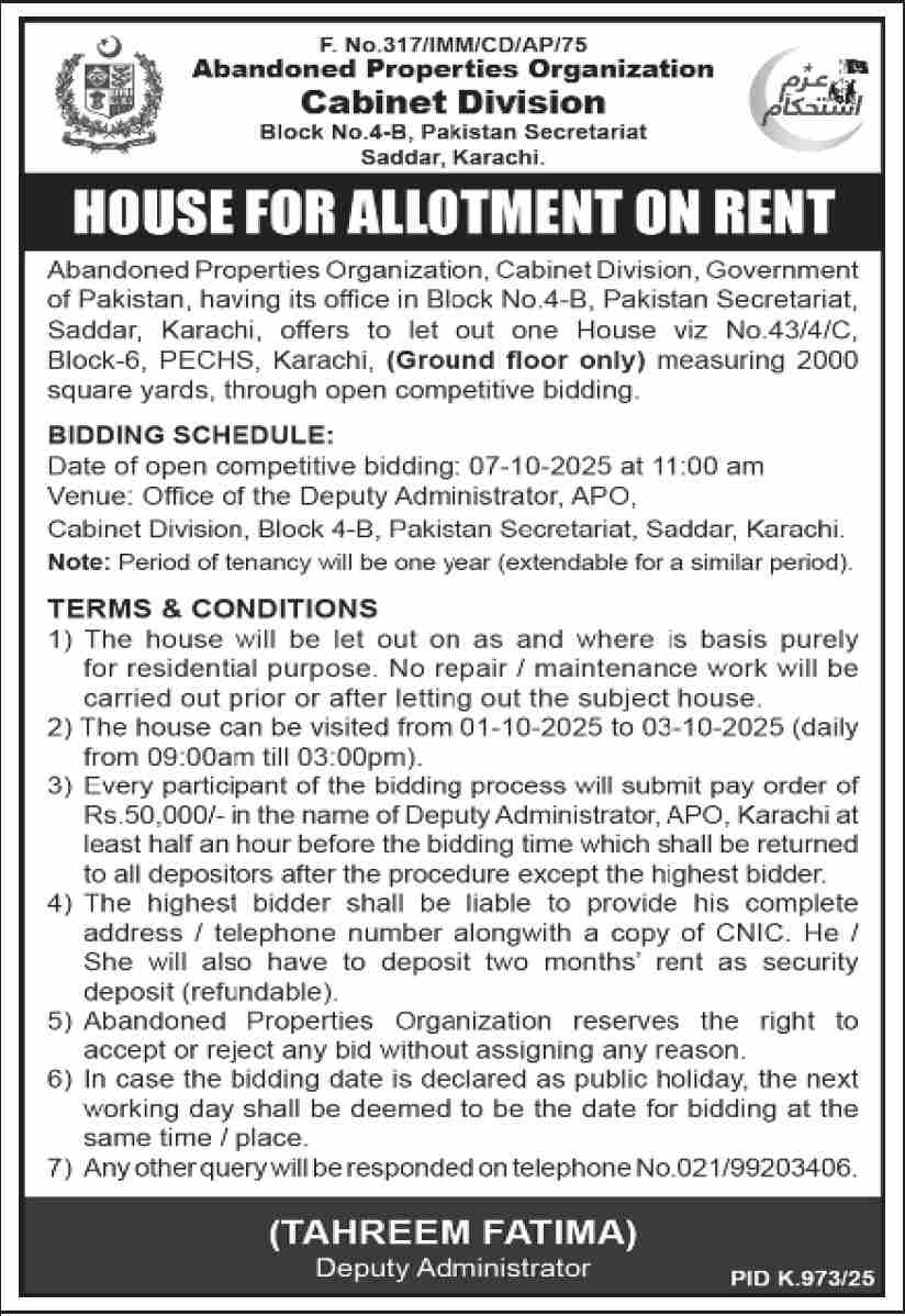 Cabinet Division Karachi Tender Notice